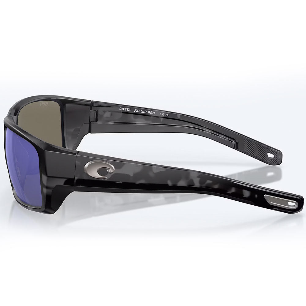 Costa-Del-Mar-Fantail-Pro-580G-Polarisationsbrille-Tiger-Shark-Blue-Mirror-Seitansicht-Logo-Links