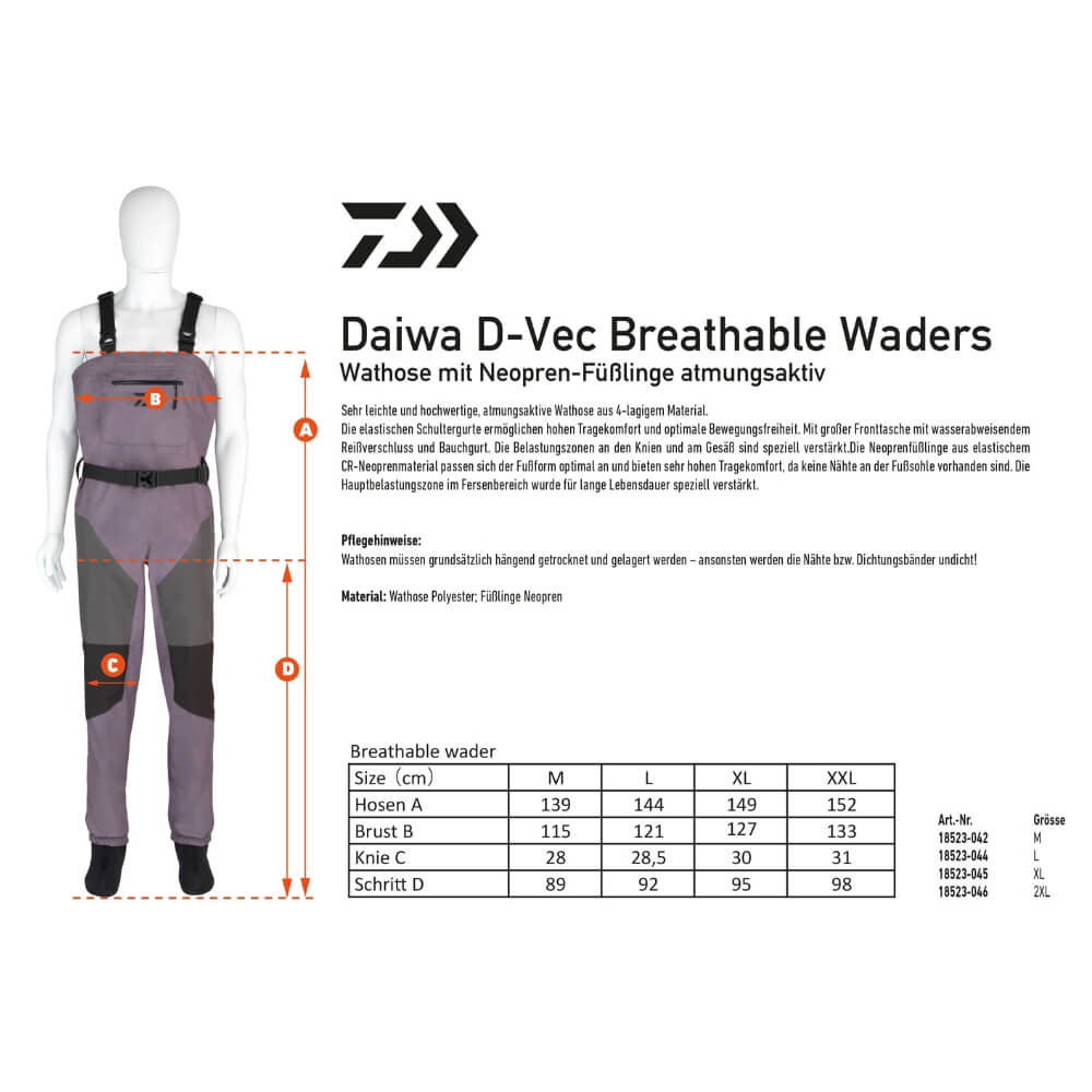 Daiwa D-VEC Breathable Waders Größentabelle