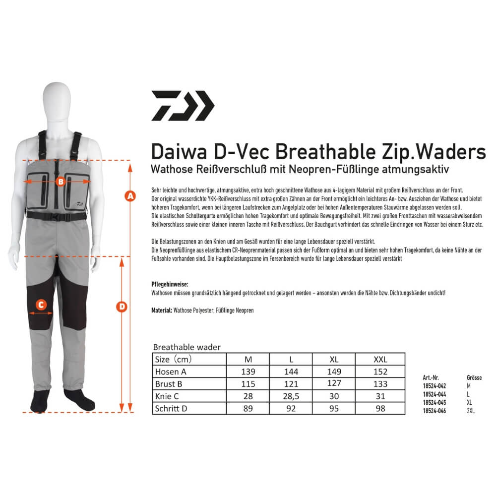 Daiwa D-VEC Breathable Zipped Waders Größentabelle