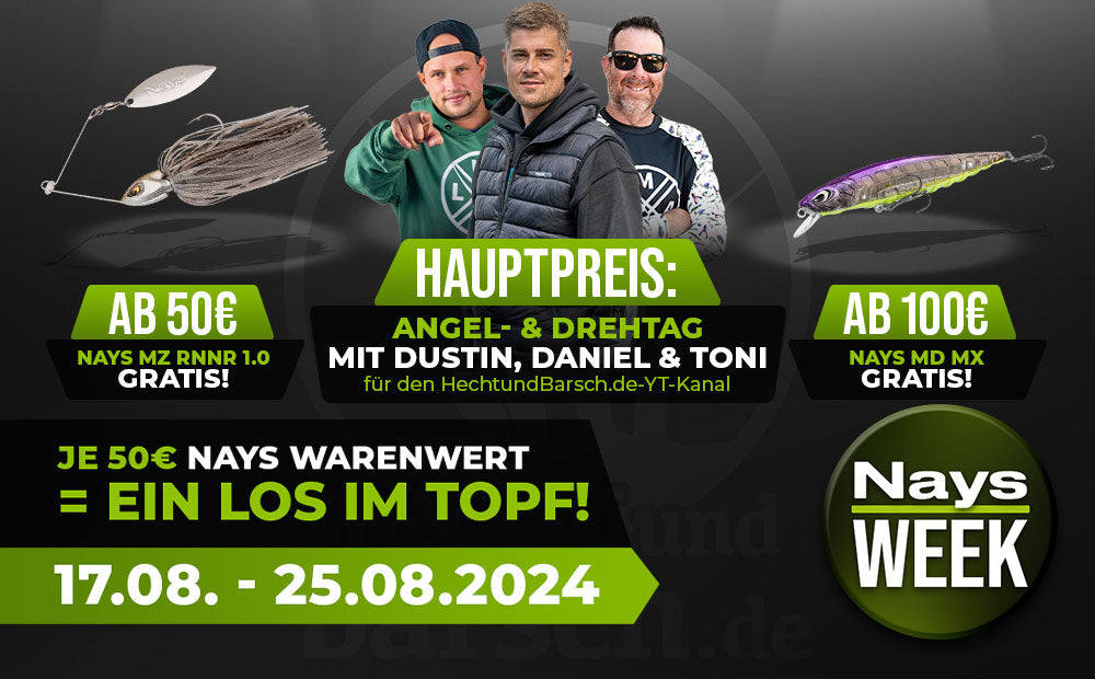 Nays Week bei Hechtundbarsch.de mit Gratis-Ködern und einem Angel- und Drehtag mit Dustin Schöne, Daniel Andriani und Toni Wehn.